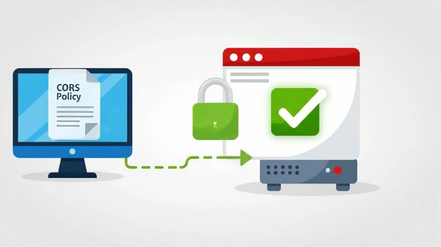 digital diagram representing web security CORS policy error featuring computer monitor icon blocking connection and server unit background displaying system warning alert symbol