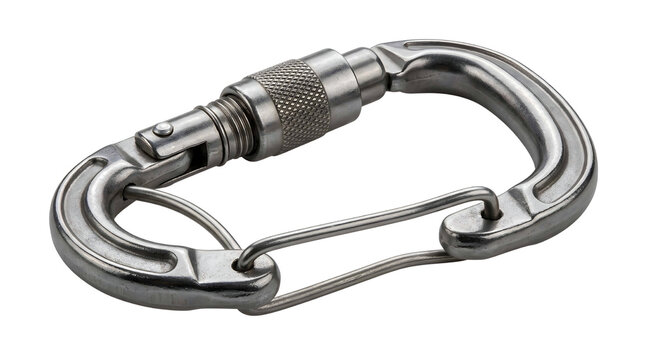Sturdy stainless steel industrial carabiner with locking mechanism for secure fastening, concept for workplace safety compliance and equipment attachment, ensuring reliability in high-risk