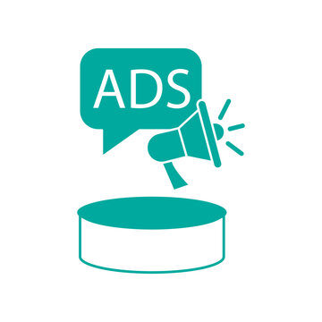Minimalist outline icon of a megaphone displaying the word ADS on a raised platform, representing advertising promotion, digital ads, marketing campaigns, and promotional services.
