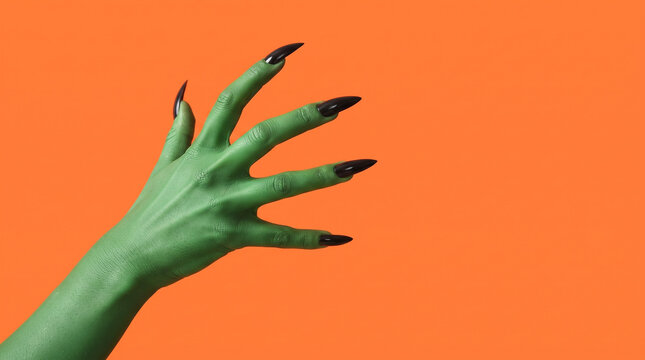 Green hand of witch with blank paper sheet on orange background. Halloween celebration