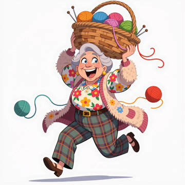 Amazed Grandma-man in bright floral outfit playfully twirls giant knitting basket on white background.