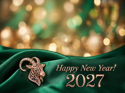 jewelry brooch in shape of goat head with precious stones on green silk background with happy new year 2027 inscription and blurred lights