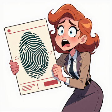 Horrified young detective woman clutching giant fingerprint card with wide eyes and trembling hands on clean white background.