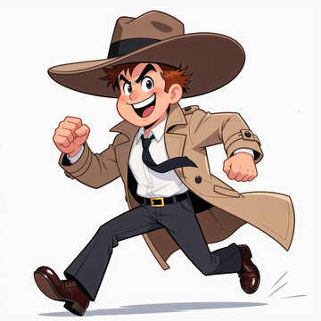 Energetic young detective with a gigantic hat radiates confidence on a white background.