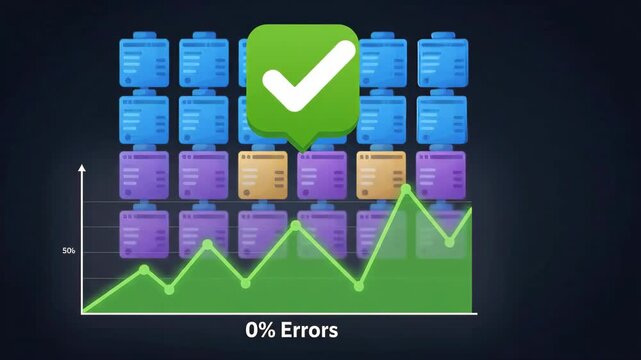 digital performance graph showing success over background of data clusters with highlighted error icons and warning symbol in virtual computing environment representing system optimization