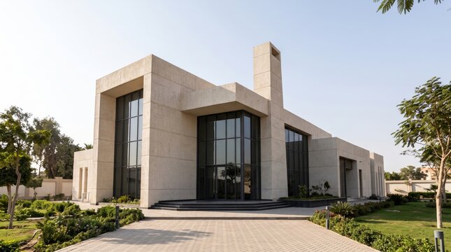 Crematorium building exterior modern concrete architecture funeral infrastructure daylight landscape view professional stock photo