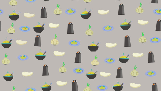 Food ingredients and kitchen tools seamless pattern