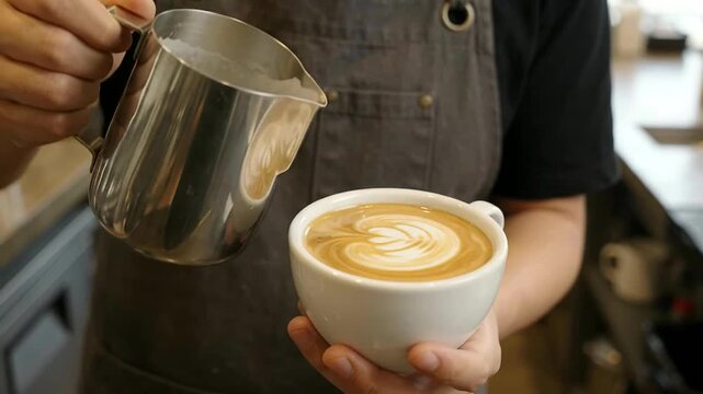 Barista Pouring Steamed Milk Into Coffee Cup To Create Latte Art 