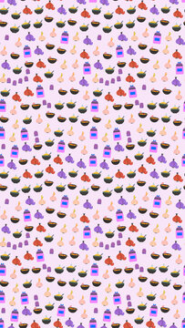 Seamless pattern of cartoon food ingredients and bowls