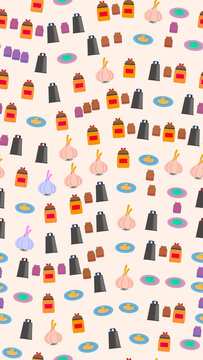 Seamless pattern of garlic, jars, pasta, and graters