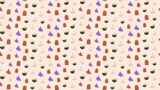 Seamless pattern of garlic, onions, jars, and food bowls
