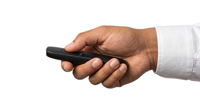 Businessman in white shirt holding a black presentation clicker remote with thumb pressing button isolated on transparent PNG background