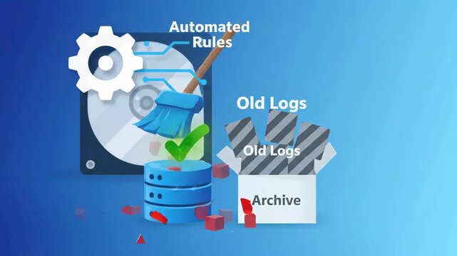 Digital broom cleans temporary files from database into an archive box on blue gradient background with an automated gear icon and red exclamation alert symbol representing system maintenance
