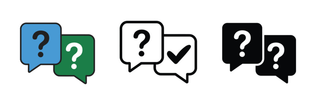 Question and answer speech bubbles icon set, online communication symbols, frequently asked questions, dialogue messages, customer assistance response