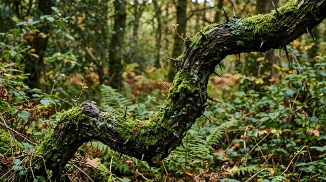Gnarled thorny tree branch covered in moss