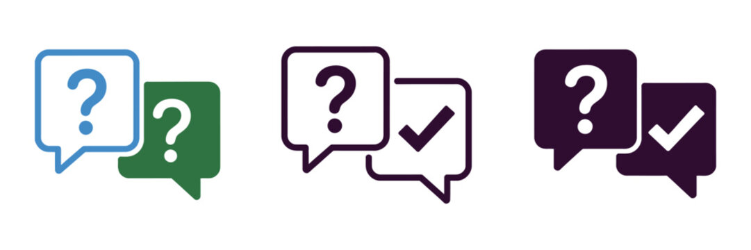 Question and answer speech bubbles icon set, online communication symbols, frequently asked questions, dialogue messages, customer assistance response