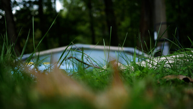 Deflated or Broken Pool Series - Dilapidated Pool Blurry with Grass Foreground