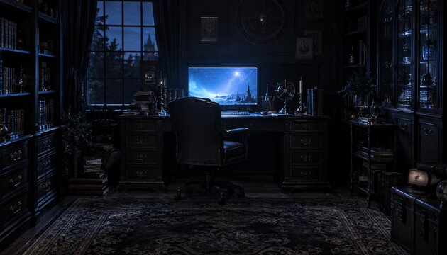 Dark gothic study with computer desk and antique library at night