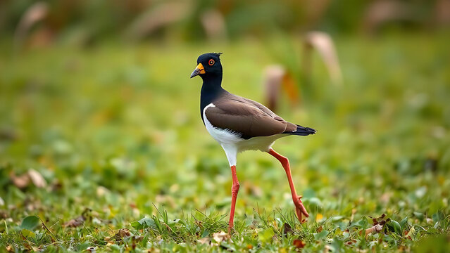 Northern lapwing standing in wet meadow, wildlife and grassland habitat concept