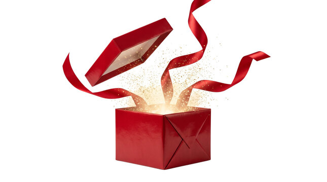 Red gift box opening with floating ribbon and glowing sparkles, festive magic gift box, Christmas present burst isolated on white