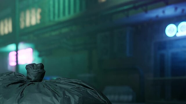 A vibrant city street glows under neon lights as a solitary garbage bag rests quietly on the sidewalk late at night. Urban life pulses nearby, creating a surreal atmosphere.