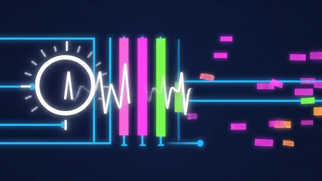 glowing circular waveform interface symbol actively transmitting digital data blocks across dark blue abstract circuit board background illustrating signal processing and musical synthesis