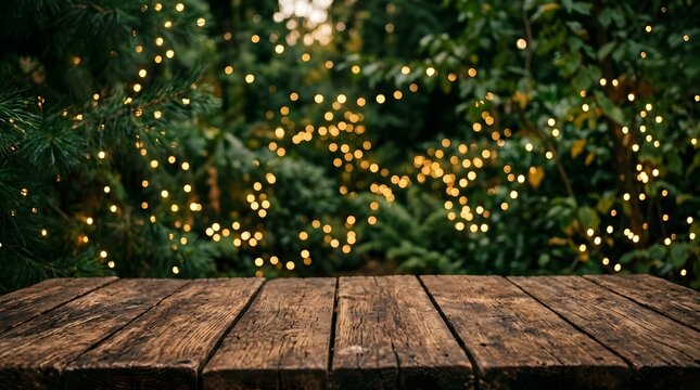 Warm wooden tabletop with a softly blurred background of twinkling christmas tree lights