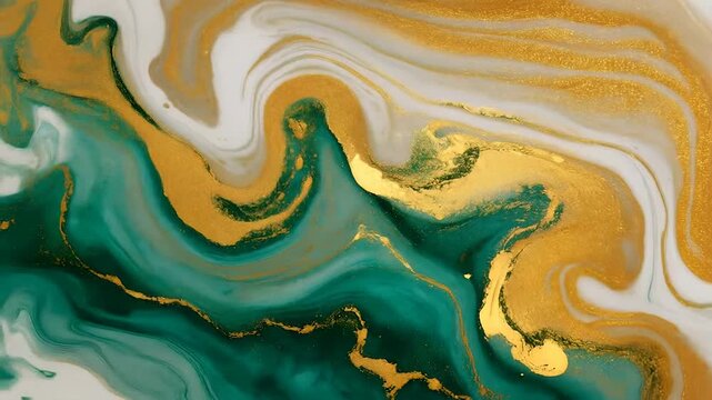 Elegant Liquid Marble Texture Featuring Swirling Emerald Green and Shimmering Metallic Gold Paint Background 4K Generative AI