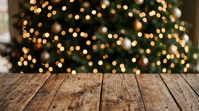 Warm and cozy christmas scene with a blurred decorated tree and rustic wood table