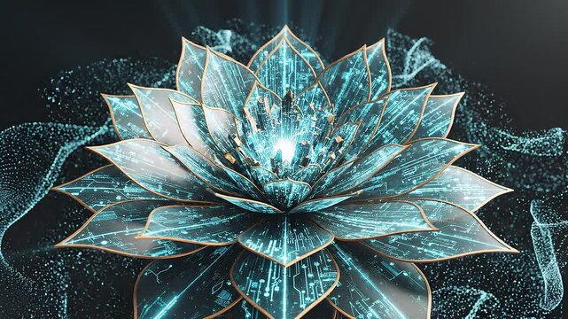 Abstract Digital Lotus Bloom: A mesmerizing abstract digital lotus flower, rendered in stunning teal and cyan hues, emanates a radiant glow against a dark, particle-filled background.