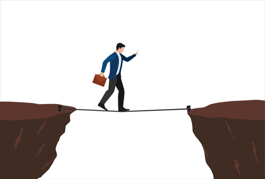 two cliff concept illustration with a Businessman crosses gap between cliffs using rope, business risk symbol, determination, motivation concept

