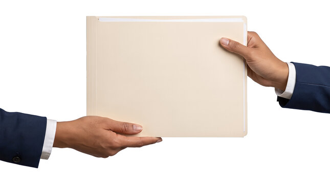 Two hands in navy suit sleeves exchanging a beige manila file folder containing documents isolated on transparent PNG background