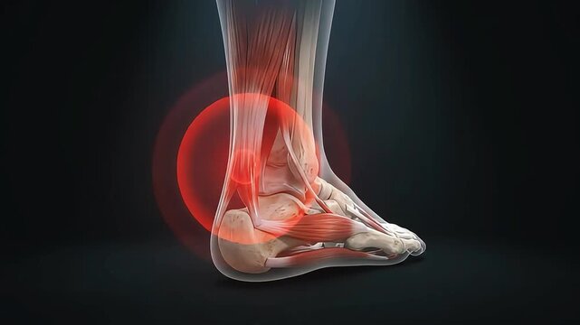 Ankle joint anatomy model highlights tendon inflammation with glowing red concentric pain rings against a dark background.