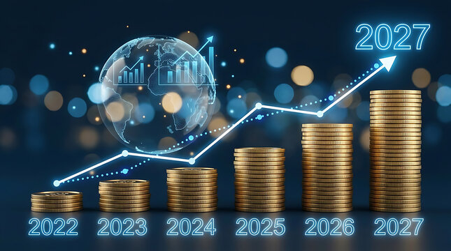 Gold Coin Stacks Growing From 2022 To 2027 With Rising Arrow Chart And Digital Globe Global Investment Growth Forecast
