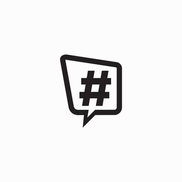 The logo features a black speech bubble icon with a simple, modern shape. It also features a white hash mark (#) symbol.