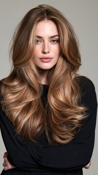 Woman shows off long layered hairstyle with blonde and auburn highlights in a simple indoor setting Generative AI