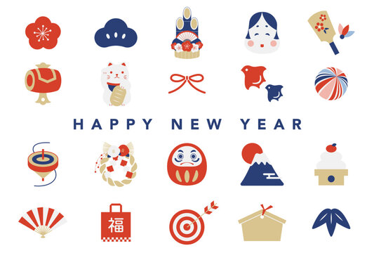 set of cute Japanese new year traditional lucky charm vector illustration icons