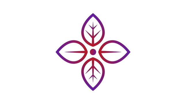 Abstract floral icon with four symmetrical purple and red gradient leaves forming a flower shape symmetrical design nature logo minimalist graphic four petals