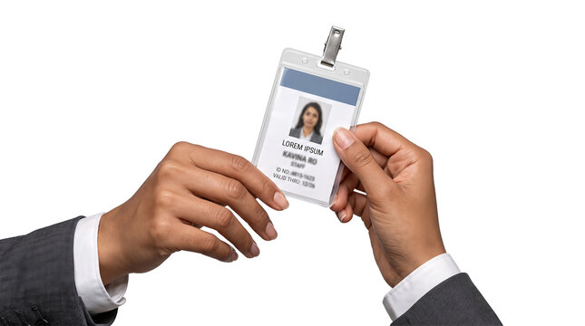 Two hands holding a vertical staff identification card with a woman's photo and validity details isolated on transparent PNG background