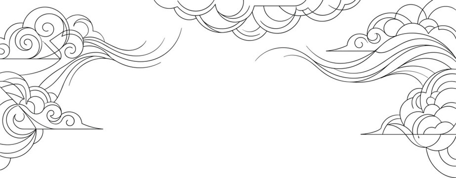Traditional oriental cloud pattern border in black line art style.