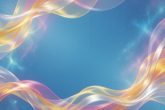 Elegant abstract frame with flowing translucent waves in warm gold, pink, and silver against a bright blue starry background, perfect for festive events.