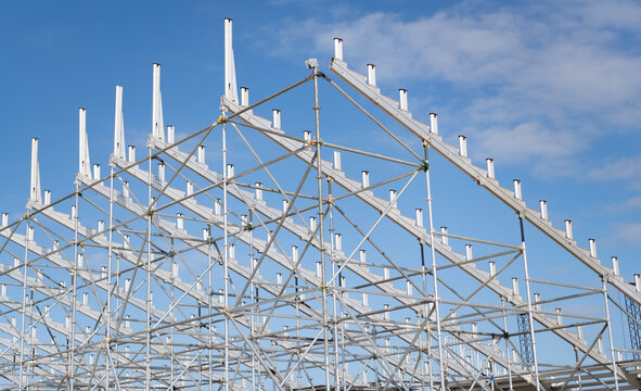 Architectural detail. Installation of metal structure. Metal construction backdrop. Structural design engineering. Structure engineering at building site. Framework construction architecture