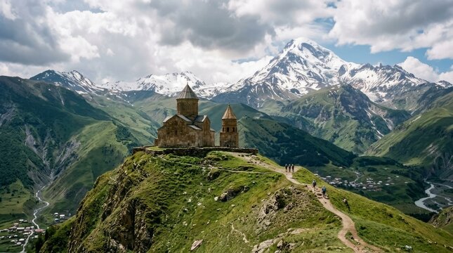 Hikers Approaching a Mountain Church on a Green Ridge
