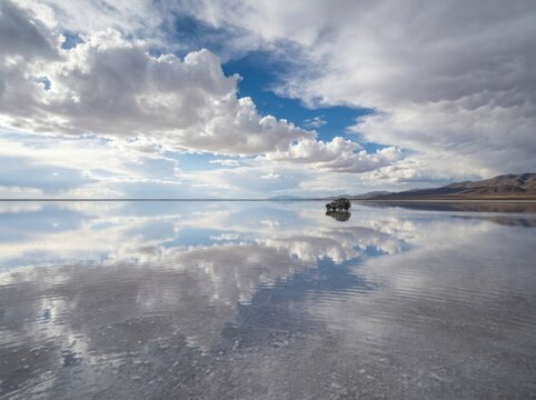Vehicle Crossing a Vast Reflective Salt Flat