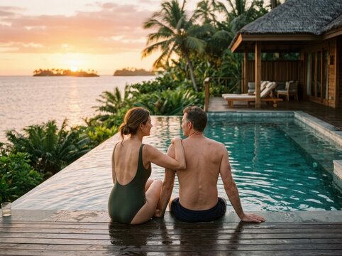 Romantic Couple Sitting by a Tropical Infinity Pool at Sunset