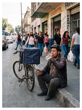 Bicycle Delivery Courier Taking a Rest on Urban Sidewalk Checking Mobile Phone in City