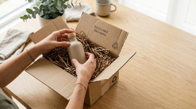 Hands Packing a Bottle in Recyclable Packaging