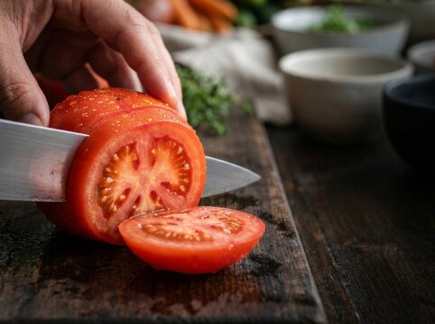 Close-up of ripe tomato being sliced with chef knife on wooden board