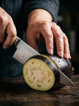 Close-up of hands slicing fresh eggplant with chef knife
