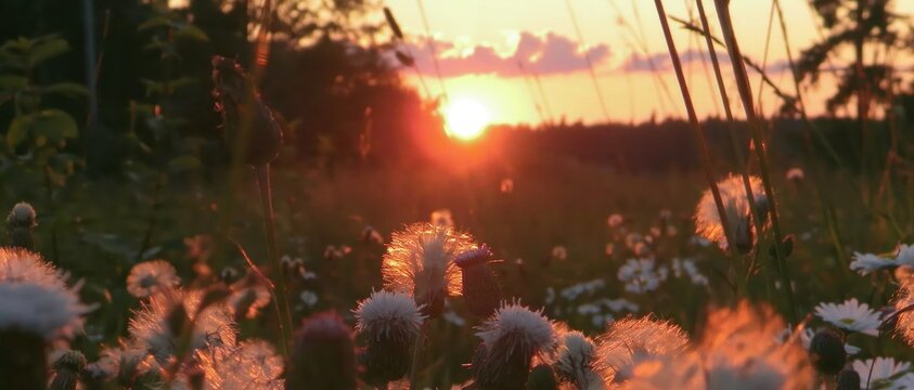 Wildflowers in a field at sunset